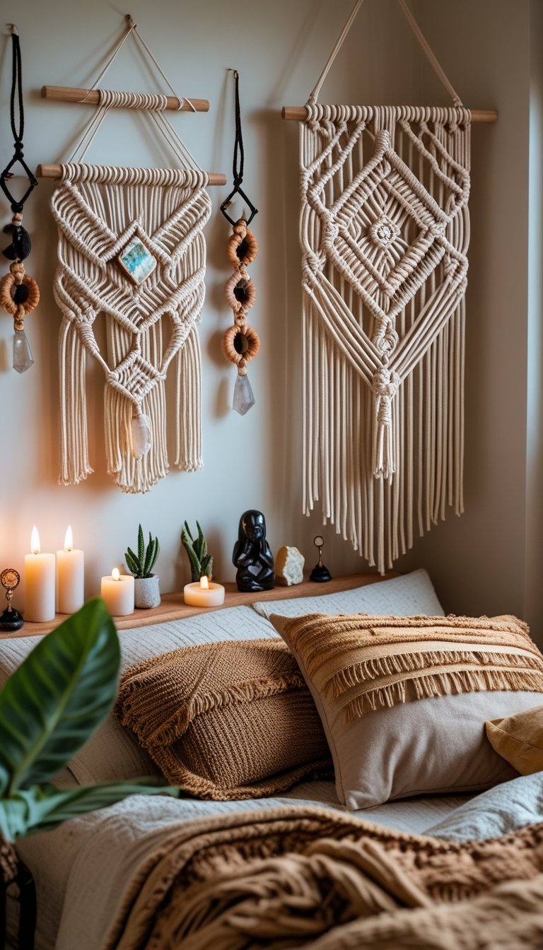 A cozy bedroom corner with macrame wall hangings decorated with crystals above a bed with pillows and blankets, surrounded by candles and plants.