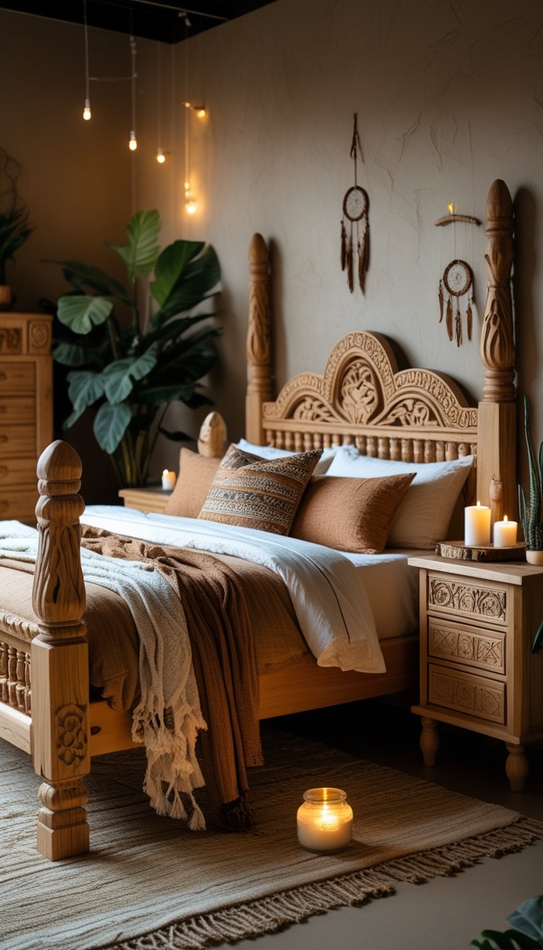 A cozy bedroom with carved natural wood furniture, soft lighting, plants, and decorative items arranged on a bed, nightstand, and dresser.