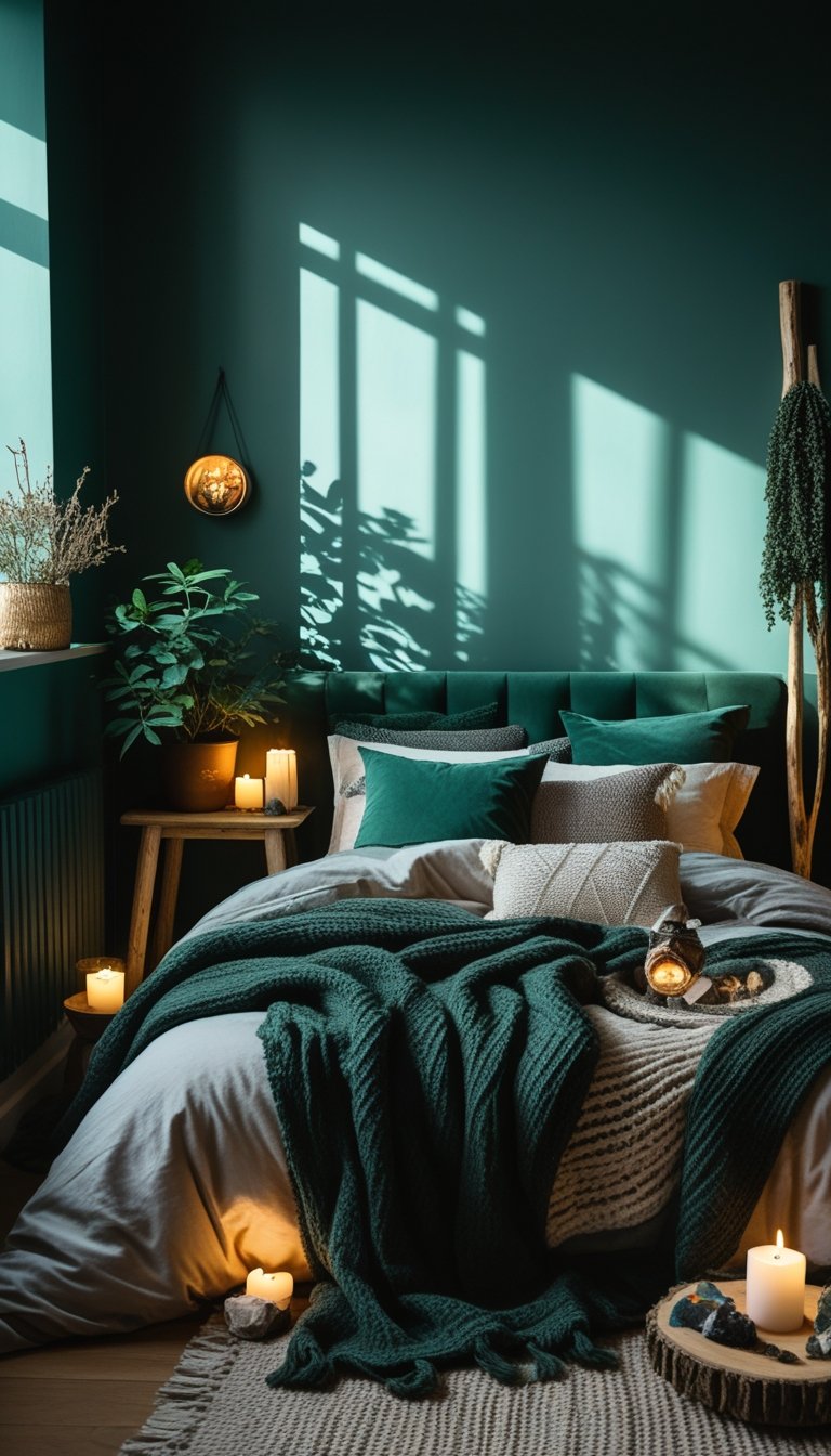 A cozy bedroom with muted teal walls, a comfortable bed with layered blankets and pillows, warm lighting, and subtle witchy decorations like candles and crystals.