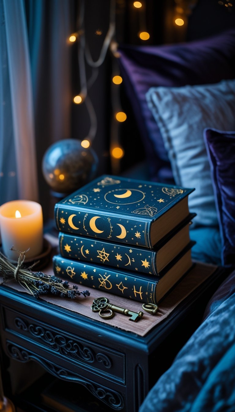 A nightstand with a stack of witch-themed books, a lit candle, a crystal ball, dried herbs, and a vintage key in a softly lit bedroom corner.