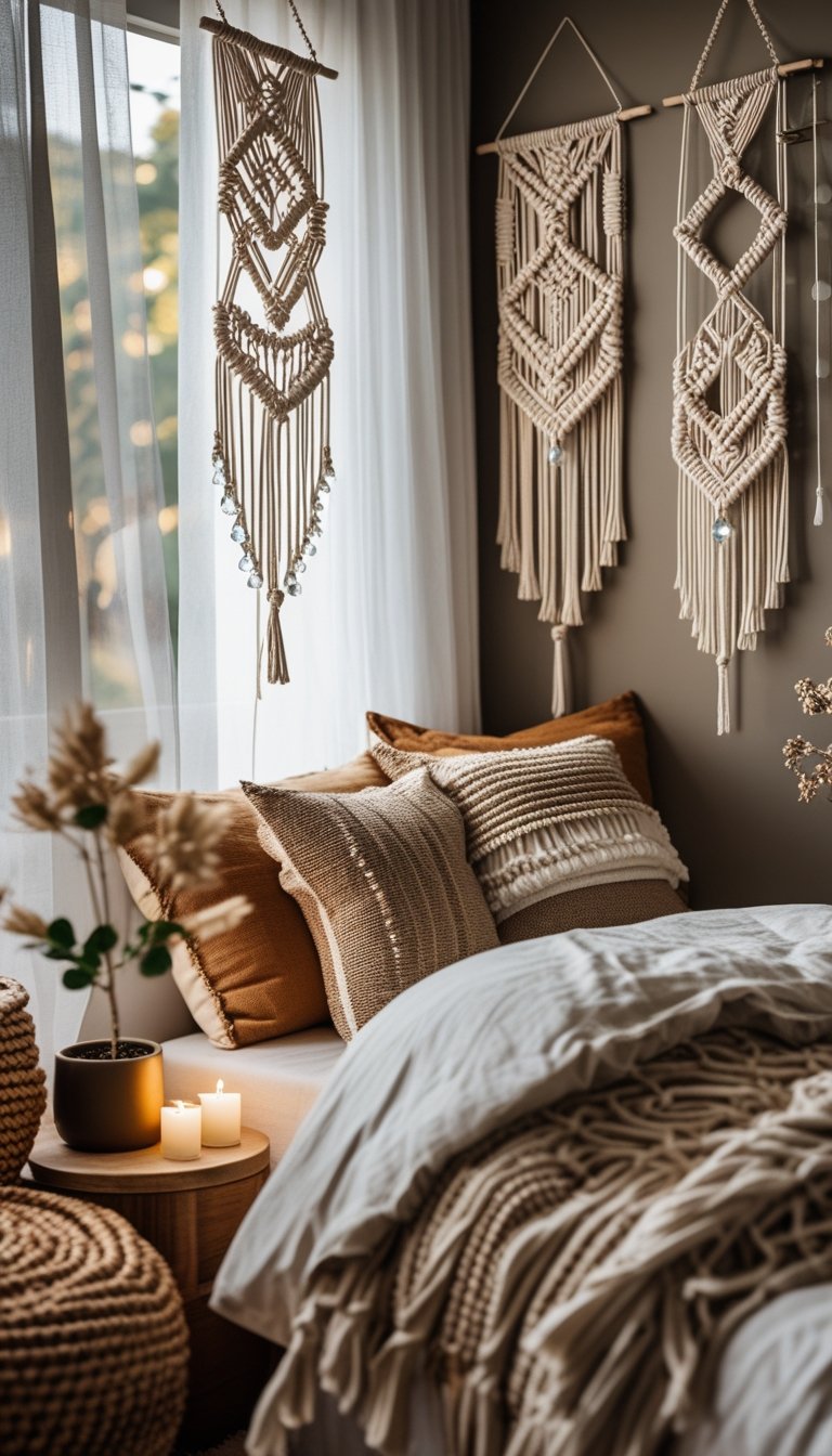 A cozy bedroom corner with a bed, macramé wall hangings decorated with crystals, a wooden nightstand with plants and candles, and soft natural light.