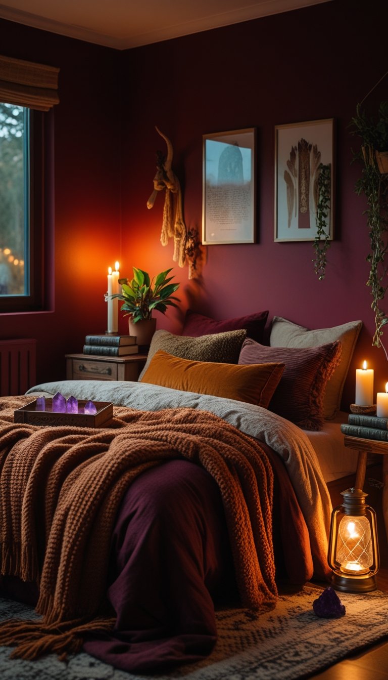 A cozy bedroom with maroon walls, a bed with textured blankets and pillows, wooden furniture, candles, and small plants creating a warm and inviting atmosphere.