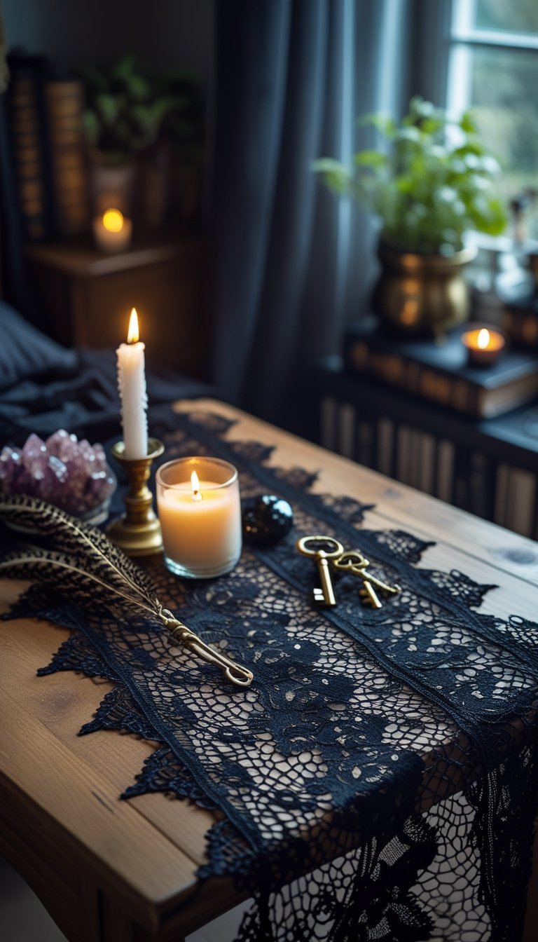 A black lace table runner on a wooden table with candles, crystals, dried herbs, and decorative objects in a bedroom setting.