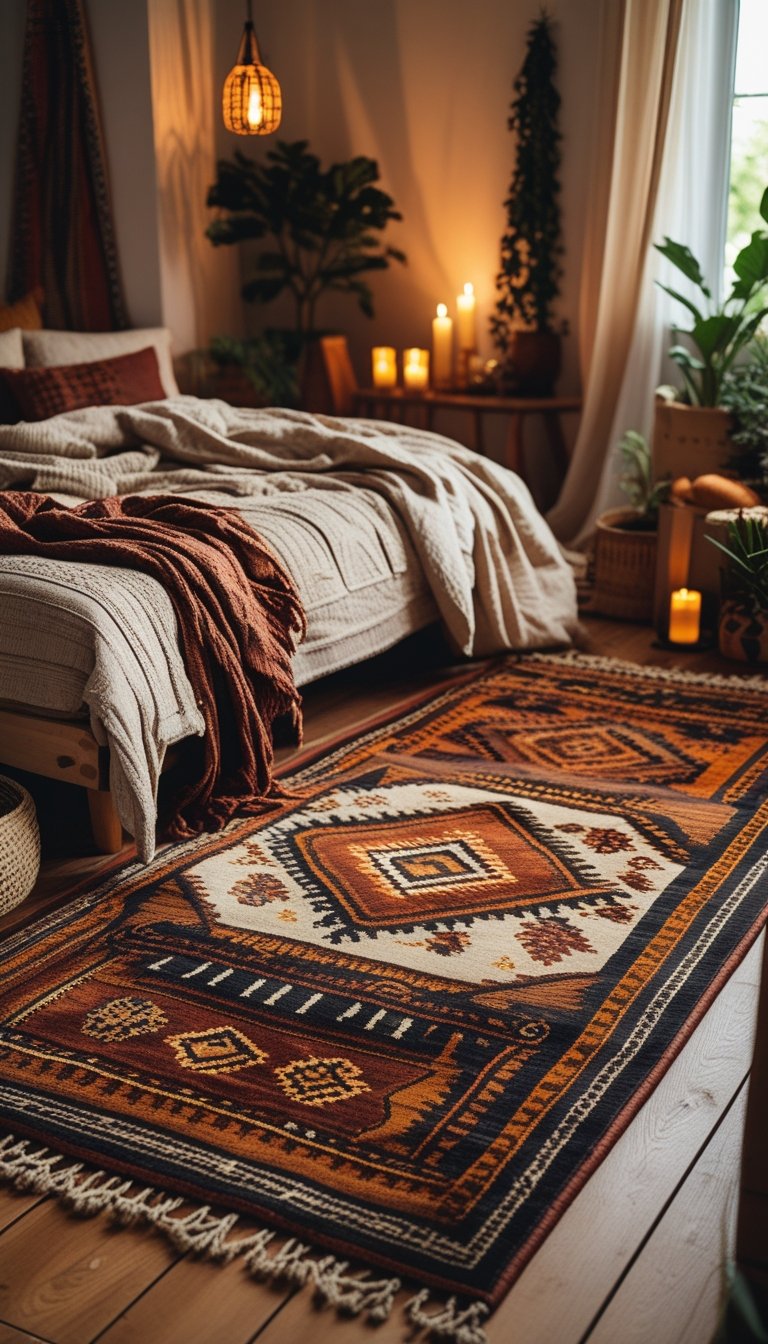 A cozy bedroom with layered patterned rugs on a wooden floor, a bed with textured bedding, and warm lighting.