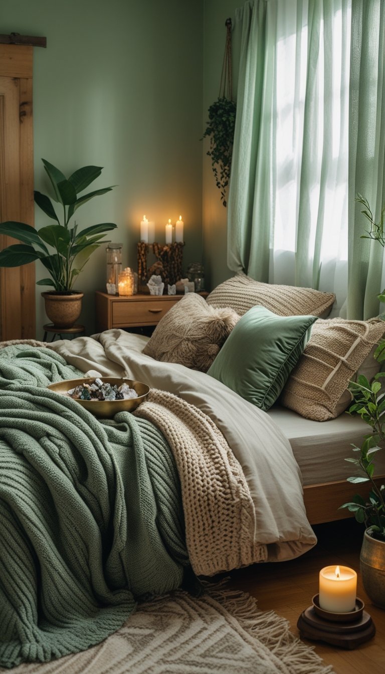 A cozy bedroom painted in sage green with wooden furniture, soft bedding, plants, and small decorative crystals on a bedside table.