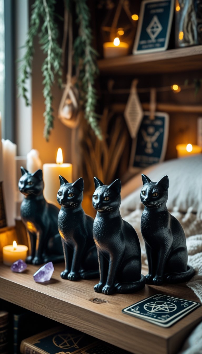 A cozy bedroom shelf displaying black cat figurines surrounded by candles, crystals, dried herbs, and mystical decor items.