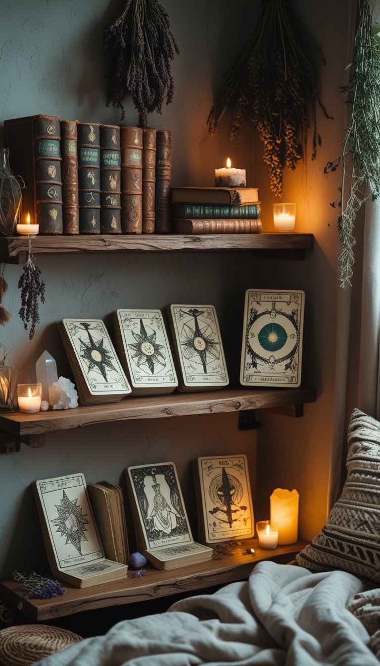 A bedroom corner with wooden shelves holding vintage books and tarot decks, surrounded by candles, crystals, and dried herbs.