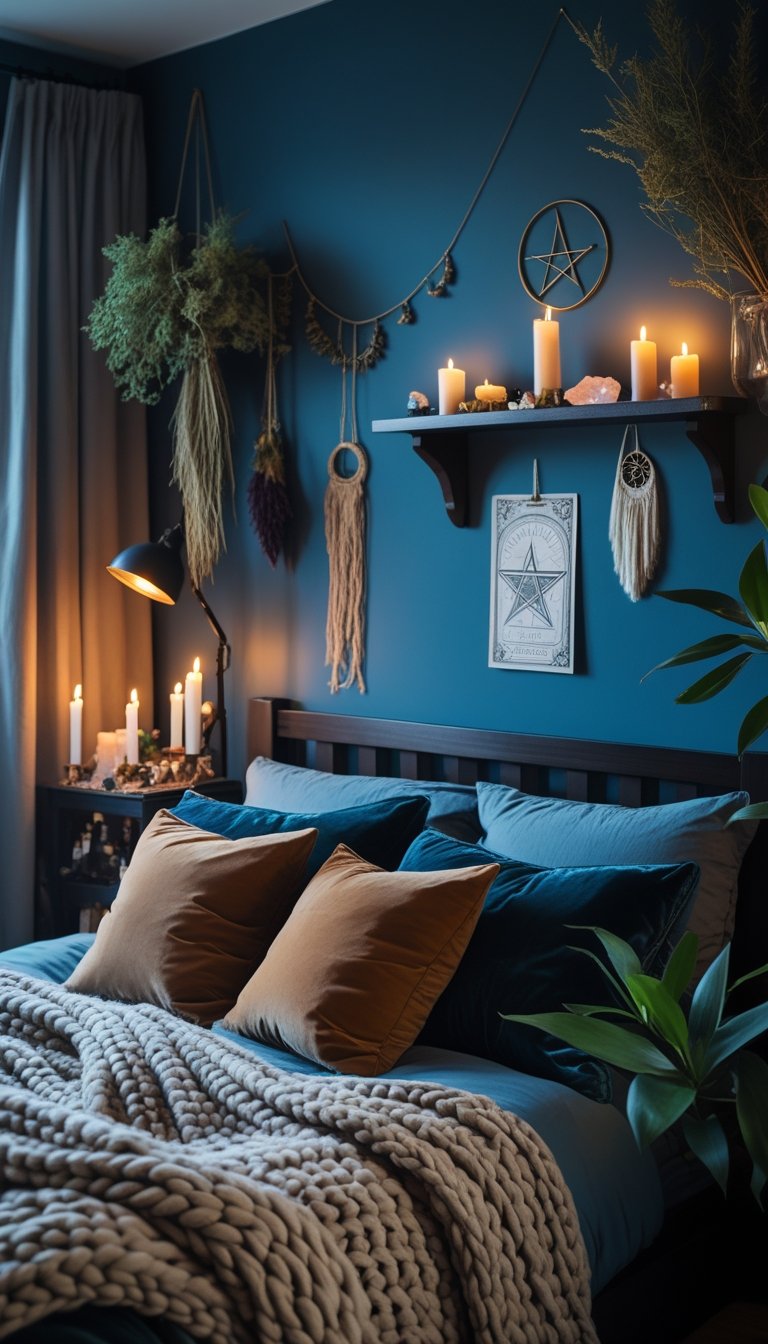 A cozy bedroom with slate blue walls, warm lighting, mystical decor, plants, and a comfortable bed.