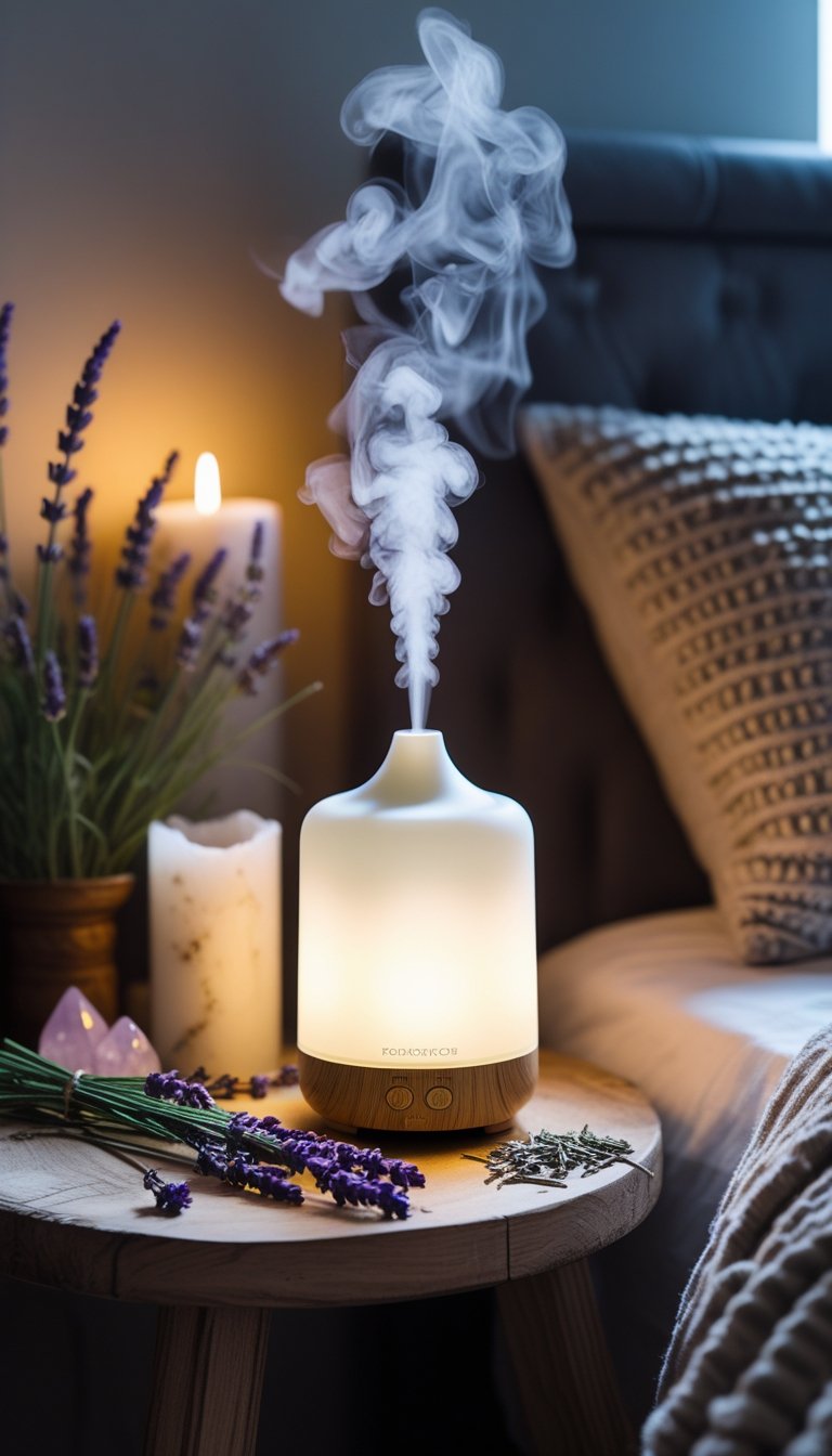 An essential oil diffuser on a wooden bedside table with lavender and candles in a cozy bedroom.