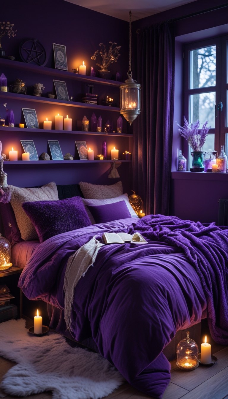 A cozy bedroom decorated in deep purple tones with a bed, shelves holding crystals and books, warm lighting, and layered rugs creating a mystical atmosphere.