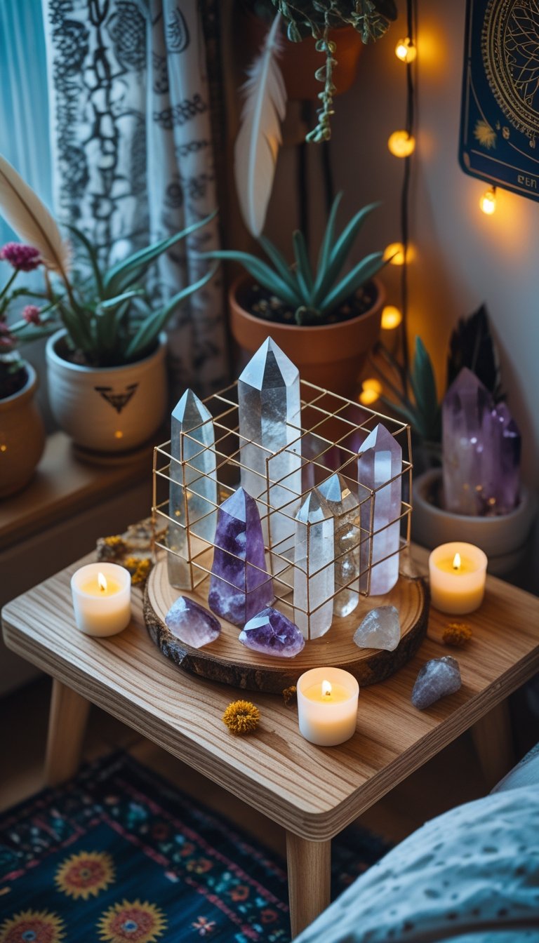 A bedside table with a crystal grid, candles, and dried flowers next to a bed with patterned textiles and plants.
