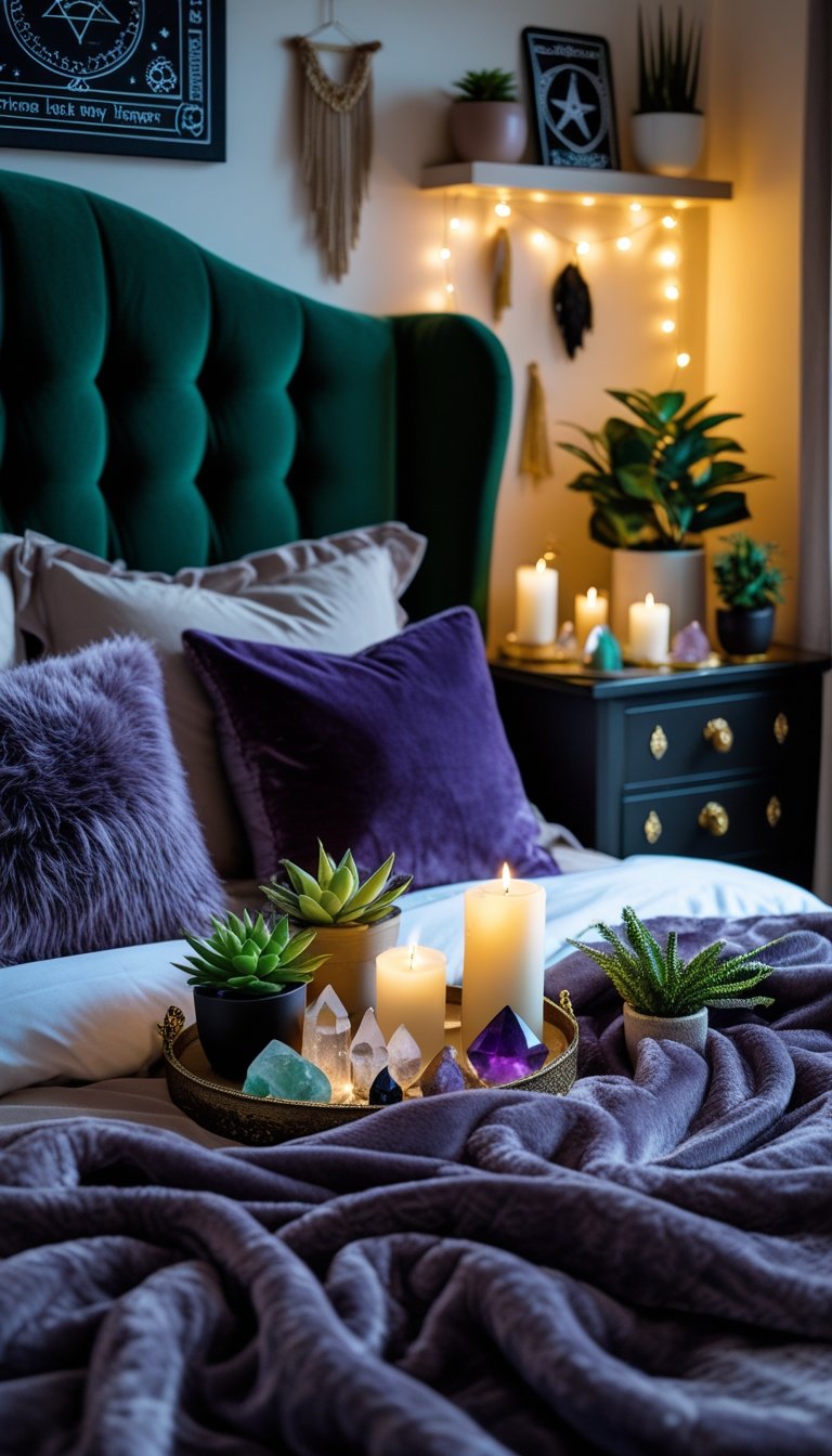 A cozy bedroom with a velvet upholstered headboard, soft bedding, candles, crystals, plants, and warm ambient lighting.