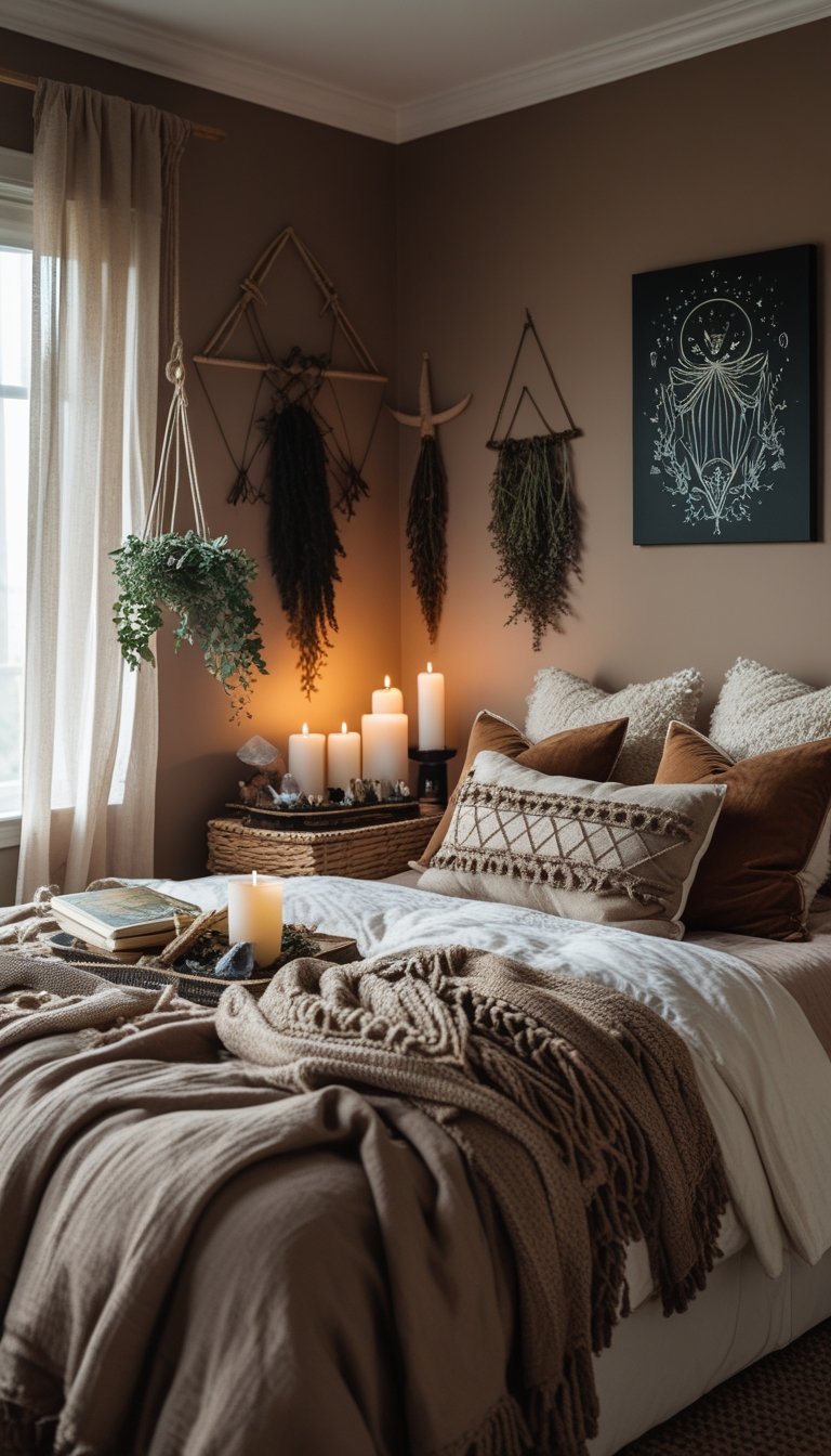 A cozy bedroom with warm taupe walls, a comfortable bed with layered bedding, and subtle witchy decor including candles, crystals, and dried herbs.