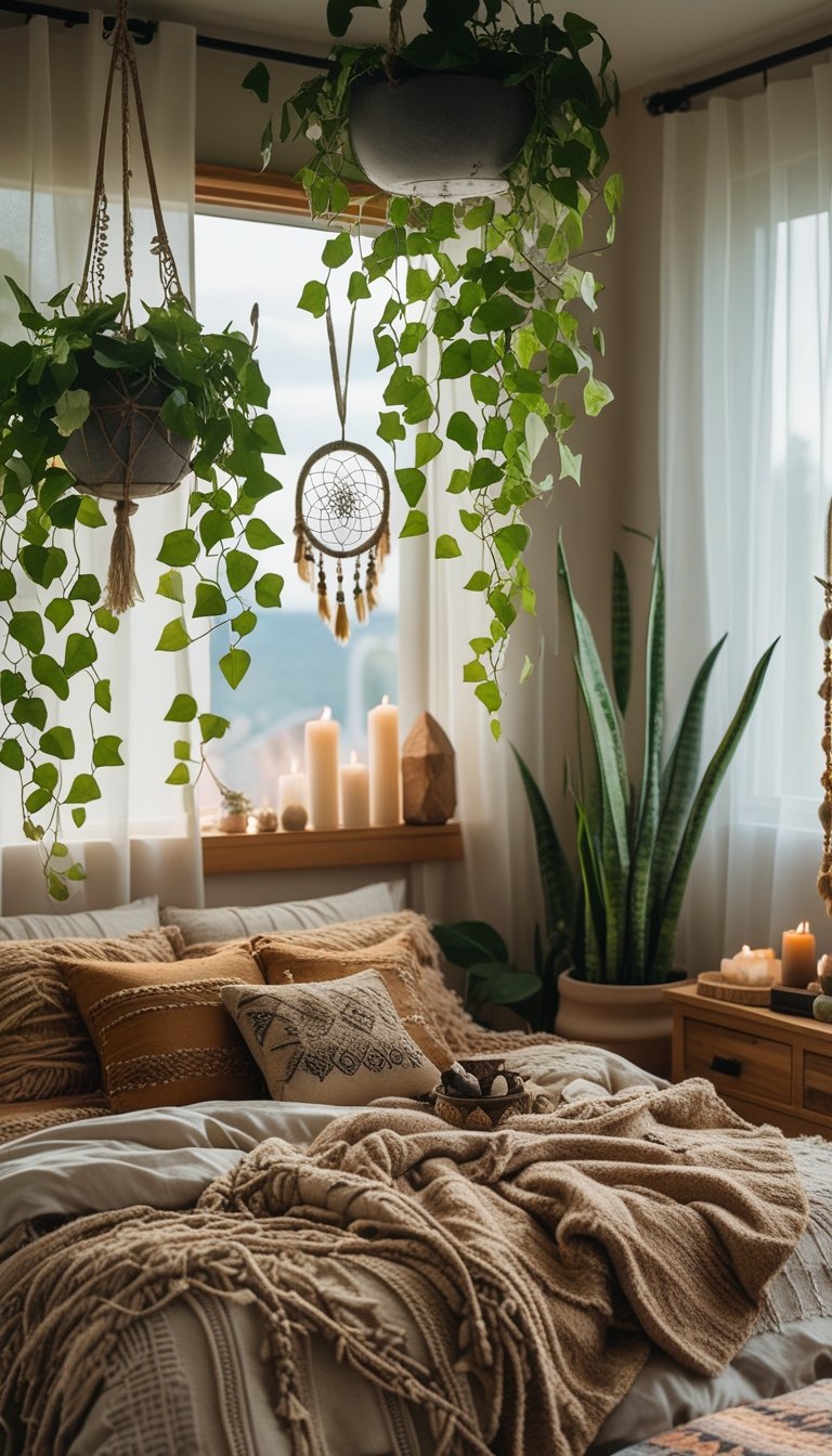 A cozy bedroom with plants including English ivy hanging and a snake plant in a pot, decorated with blankets, pillows, candles, and crystals.