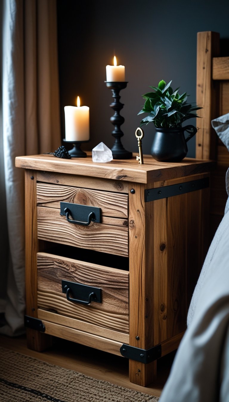 A rustic wood nightstand with iron handles in a bedroom, decorated with a candle, crystals, a small plant, and a vintage key.