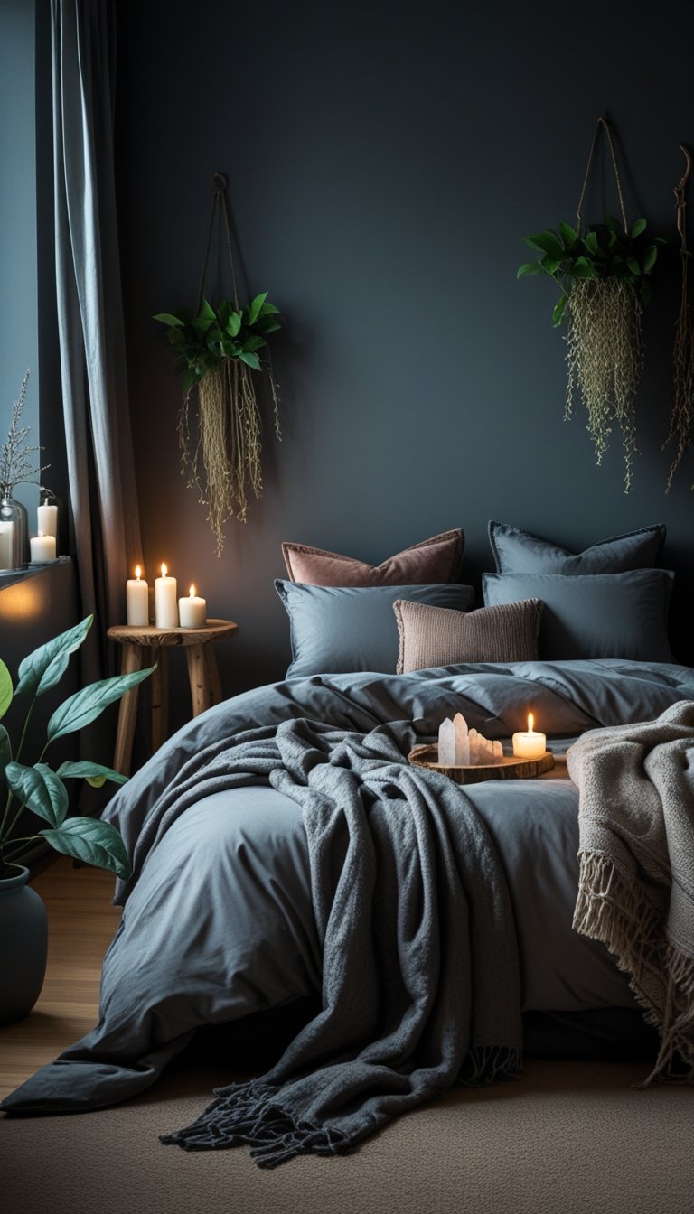 A cozy bedroom with dark gray walls, soft bedding, candles, crystals on a nightstand, dried herbs, wooden furniture, and green plants.