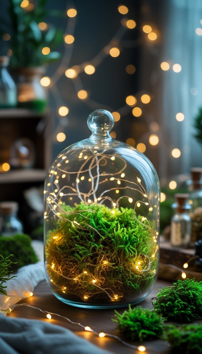 A glass terrarium filled with green moss and tiny glowing fairy lights.