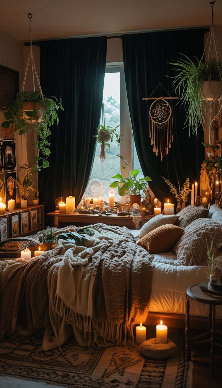 A cozy bedroom with dark velvet curtains, a large bed with textured bedding, plants, candles, and decorative objects creating a warm and inviting atmosphere.