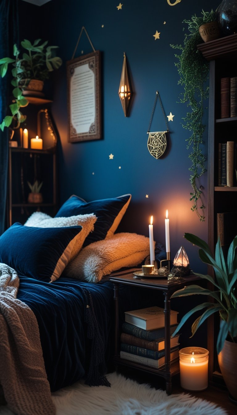A cozy bedroom with deep navy walls, warm lighting, wooden furniture, candles, books, crystals, and soft blankets creating a peaceful and inviting atmosphere.