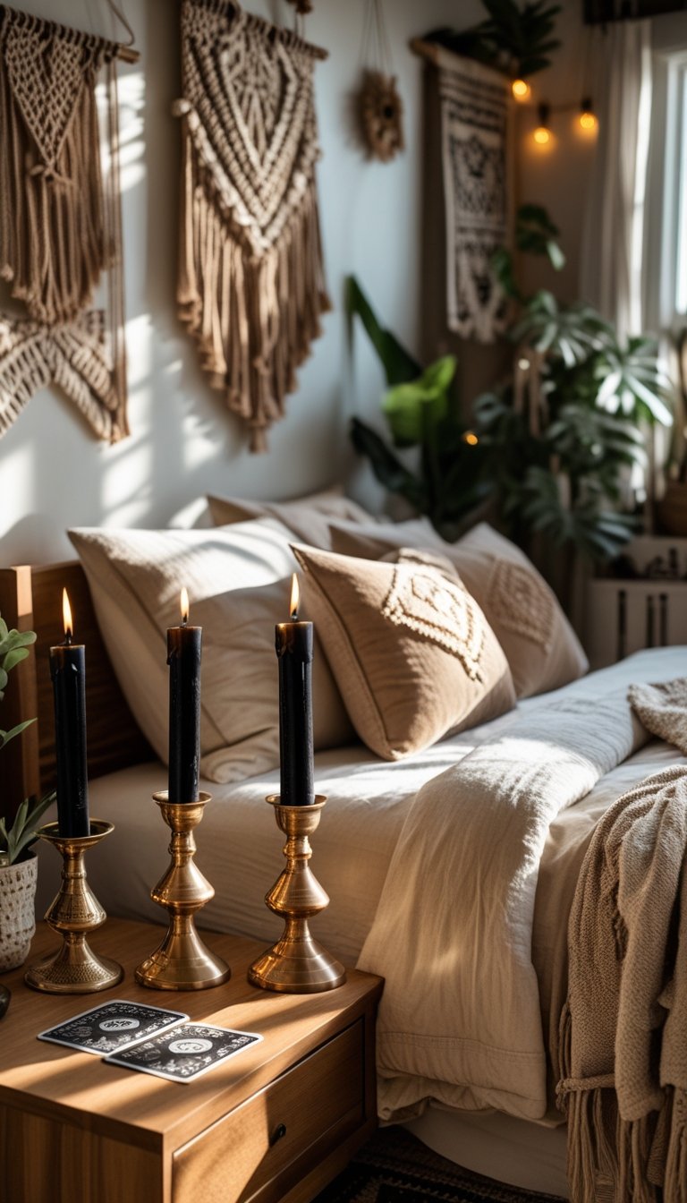 A cozy bedroom with brass and copper candle holders holding black candles on a wooden nightstand, surrounded by pillows, rugs, plants, and warm lighting.