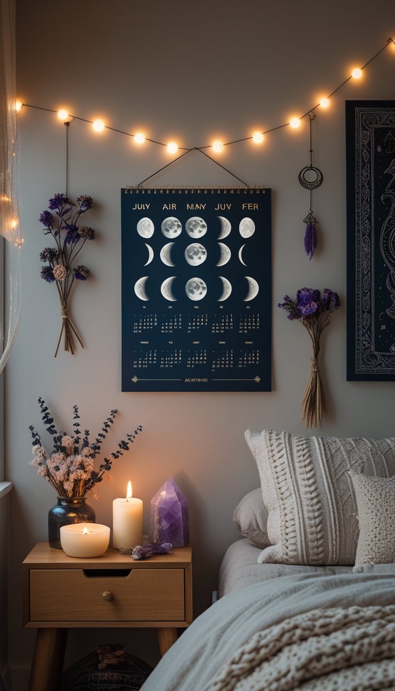 A cozy bedroom corner with a moon phase wall calendar on the wall, surrounded by candles, crystals, plants, and a neatly made bed.