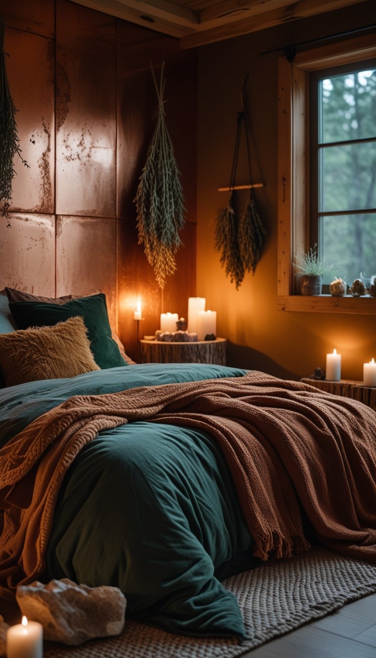 A cozy bedroom with warm copper-colored walls, wooden furniture, soft bedding, and small decorative items like crystals and candles.