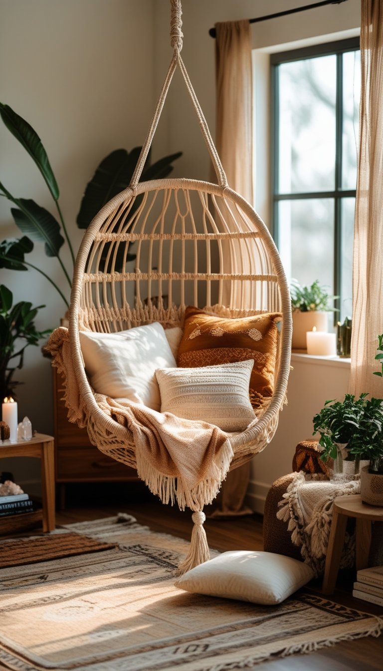 A hanging chair draped with soft throws in a cozy bedroom corner with plants and warm natural light.