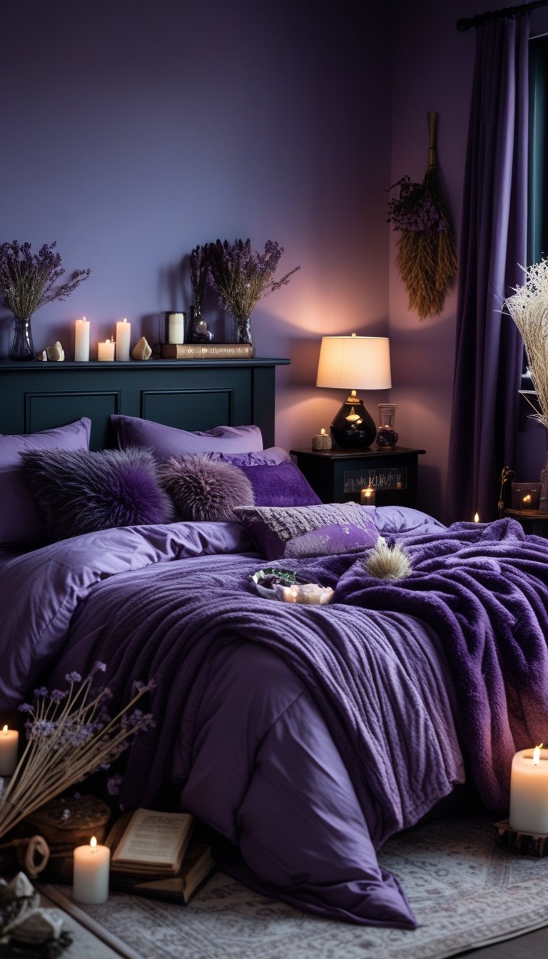 A cozy bedroom with smoky lilac walls, a bed with dark purple and gray bedding, warm lighting, and witchy decorative items like candles and crystals.