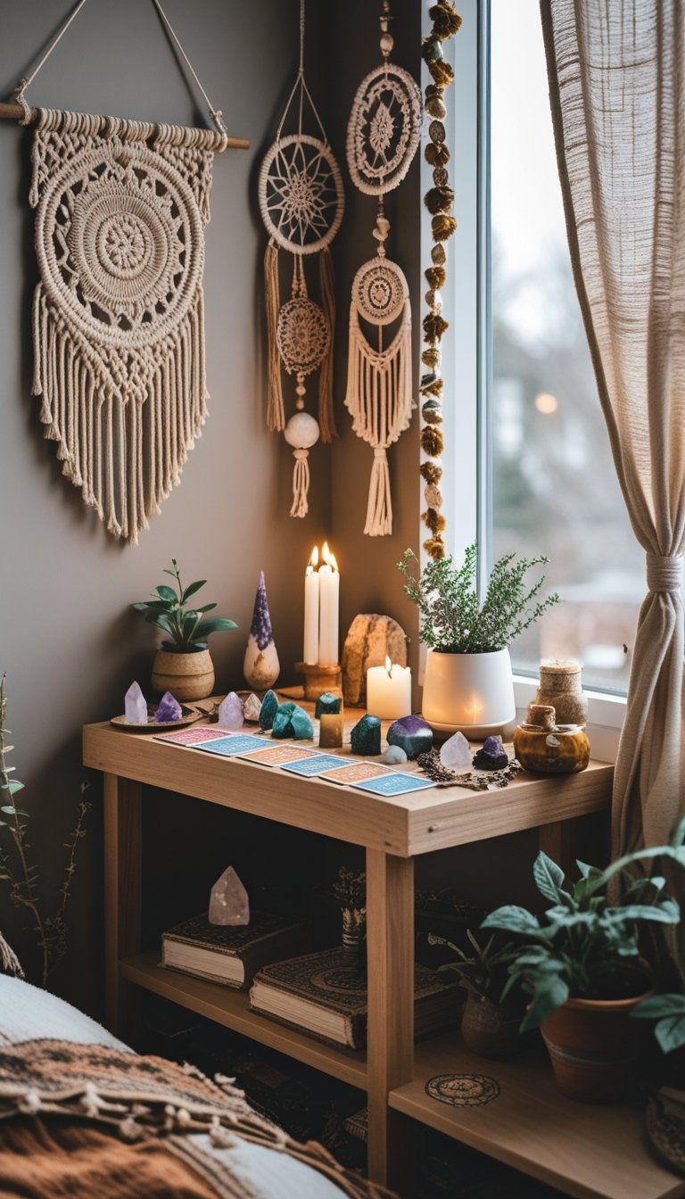 A bedroom corner with a small altar displaying crystals, candles, tarot cards, and dried herbs on a wooden surface surrounded by plants and cozy textiles.