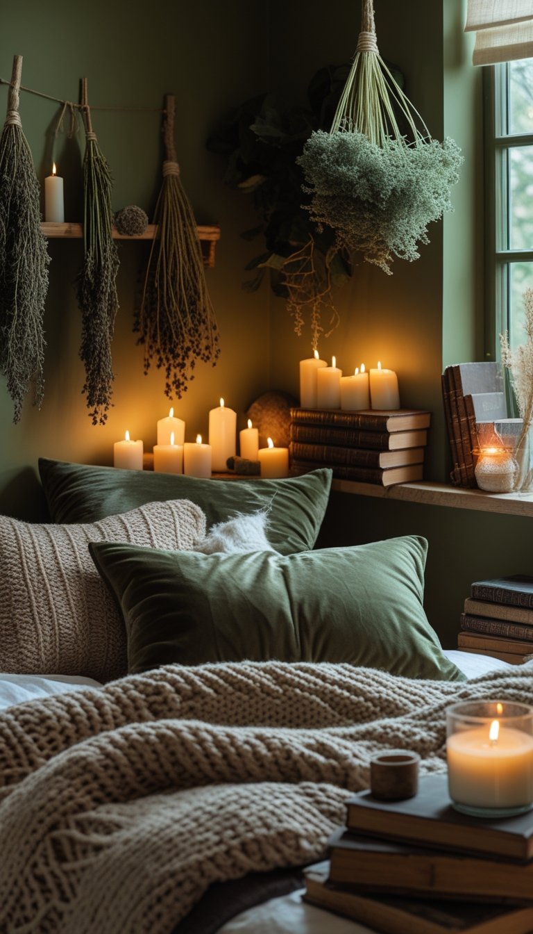 A cozy bedroom with olive green walls, warm lighting, wooden furniture, candles, dried herbs, and soft blankets.