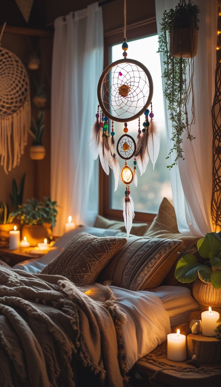 A cozy bedroom with a dreamcatcher decorated with beads and feathers hanging near a window, surrounded by blankets, pillows, plants, and candles.