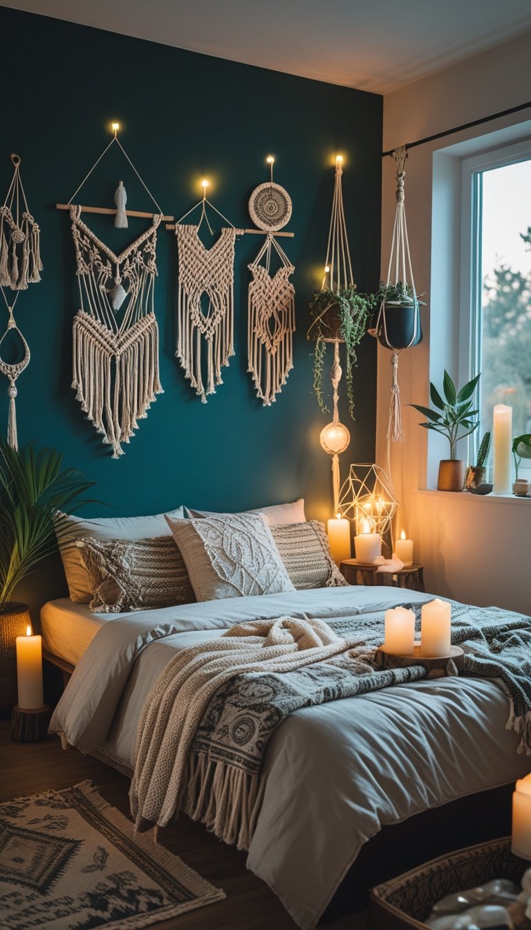 A cozy bedroom with a dark green or blue accent wall, wooden furniture, plants, candles, and soft bedding.