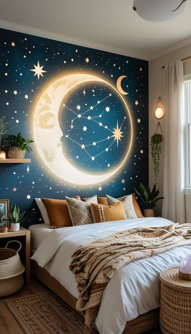 A cozy bedroom with a celestial mural on the wall, featuring stars and moons, a neatly made bed, wooden furniture, plants, and soft lighting.