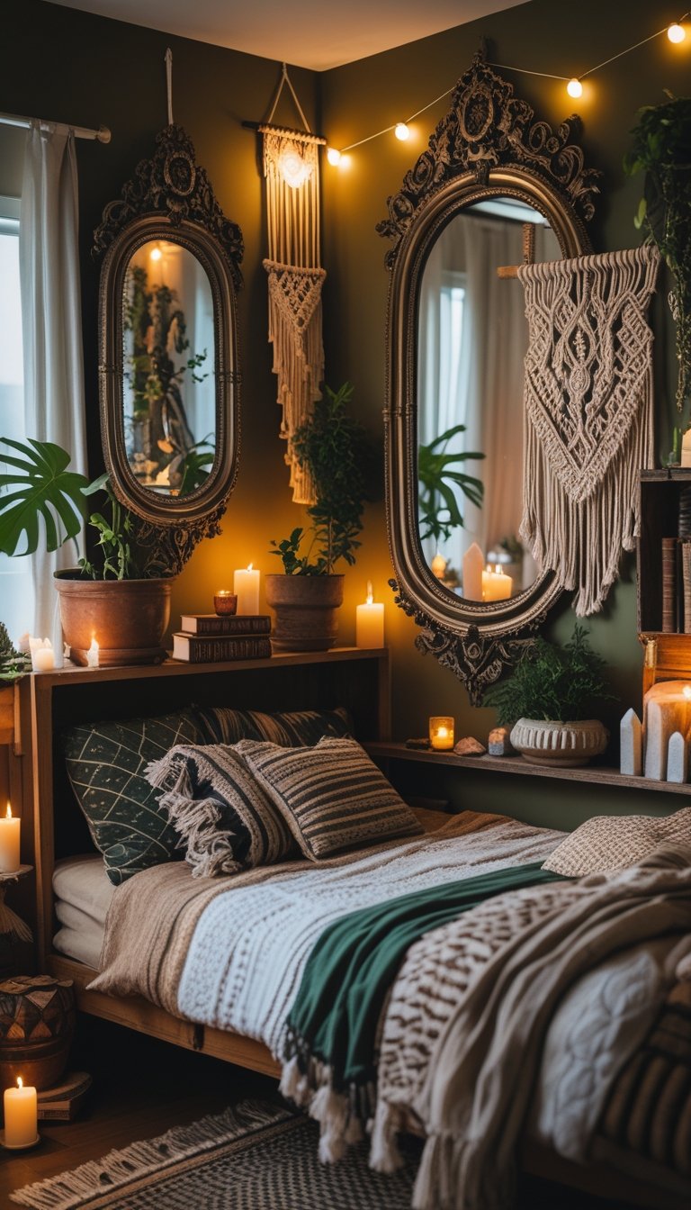 A cozy bedroom with antique mirrors on the walls, a wooden bed with layered textiles, plants, and warm ambient lighting.