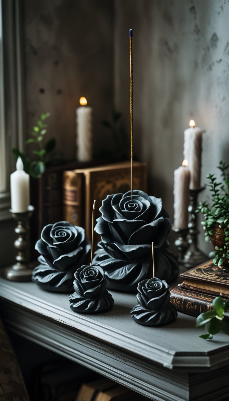 A cozy bedroom corner with dark rose-shaped incense holders arranged on a wooden shelf surrounded by candles, books, and plants.