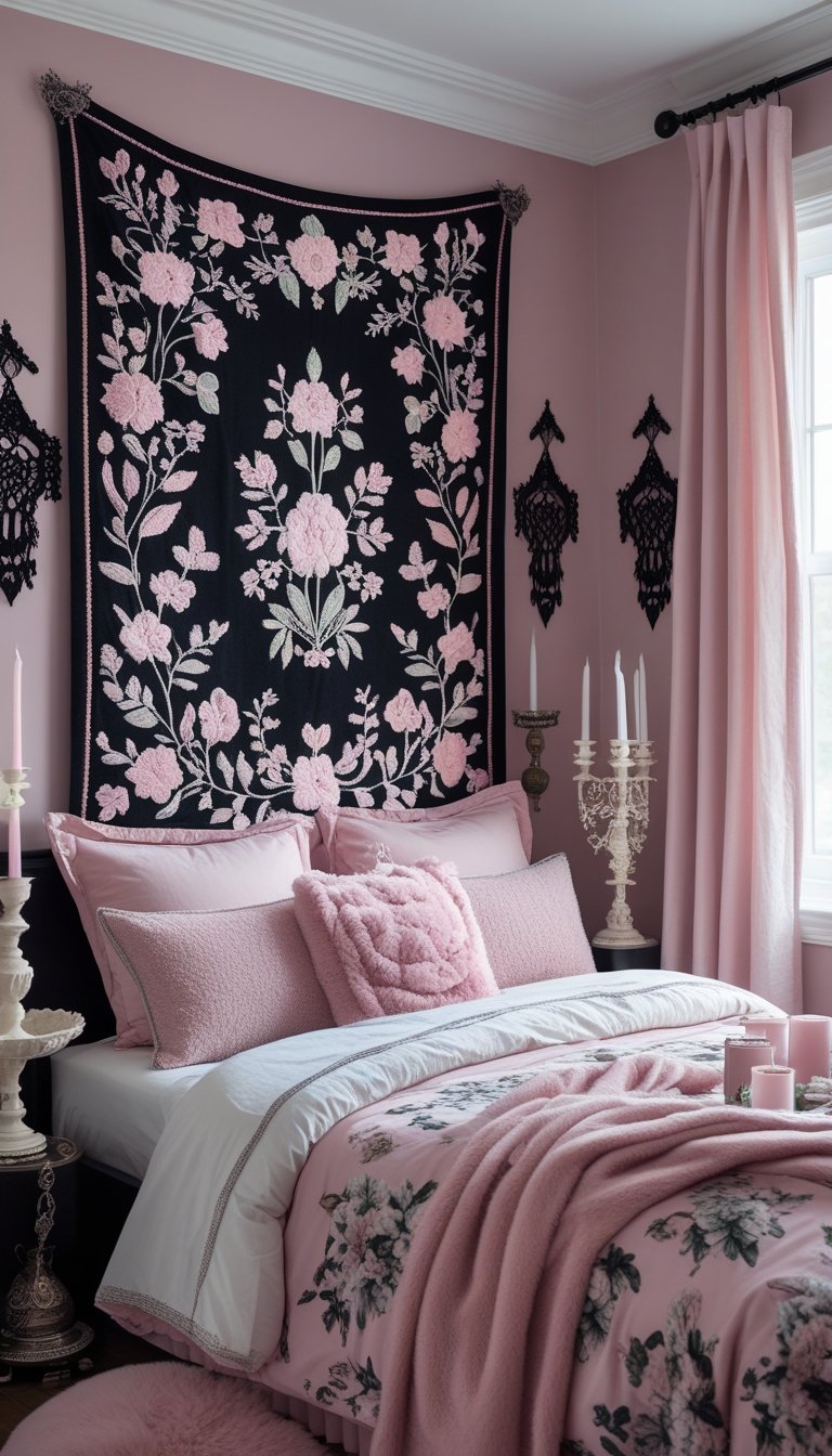 A bedroom with a dark floral tapestry on the wall and pink bedding with decorative pillows.