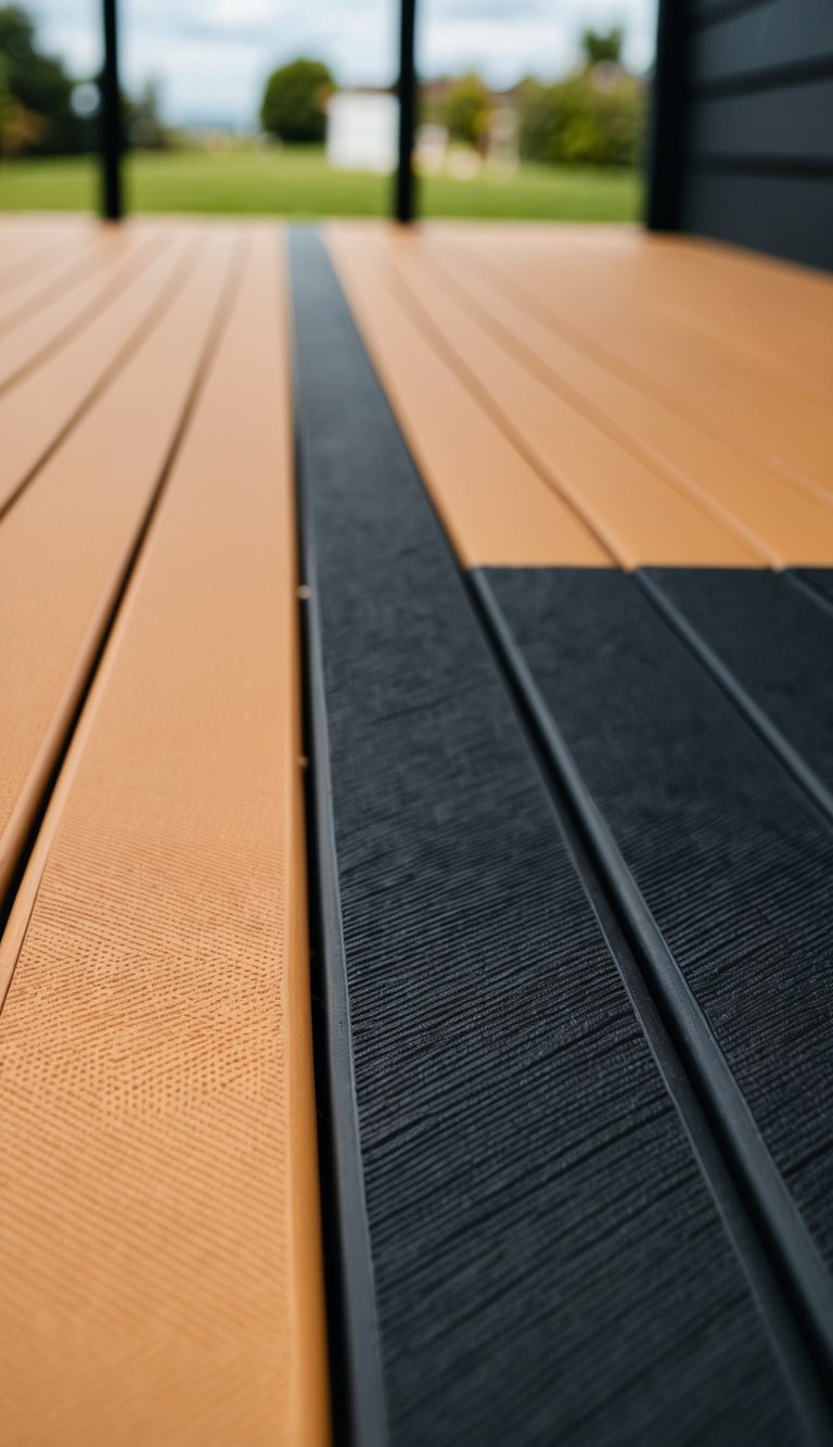 A charcoal black deck contrasts with a warm tan floor, creating a striking two-tone color scheme