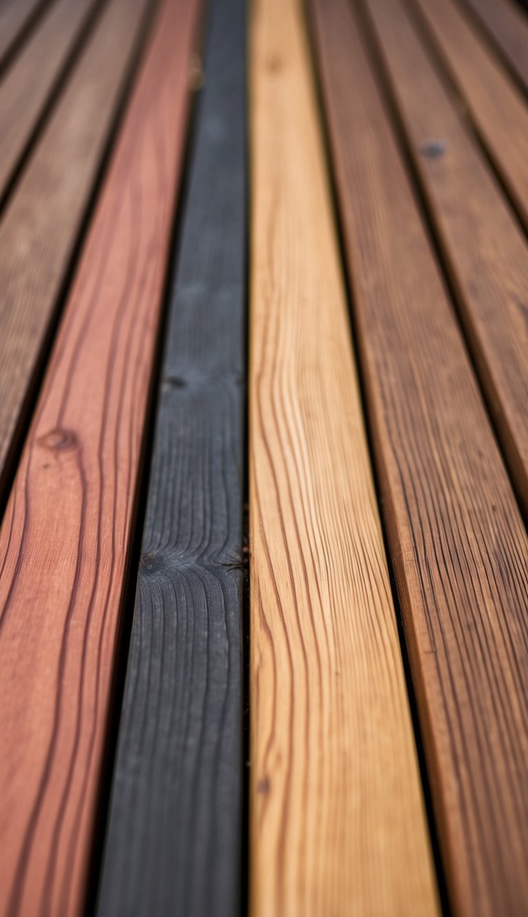 A deck with semi-transparent redwood and solid oak brown stain, contrasting in color and texture