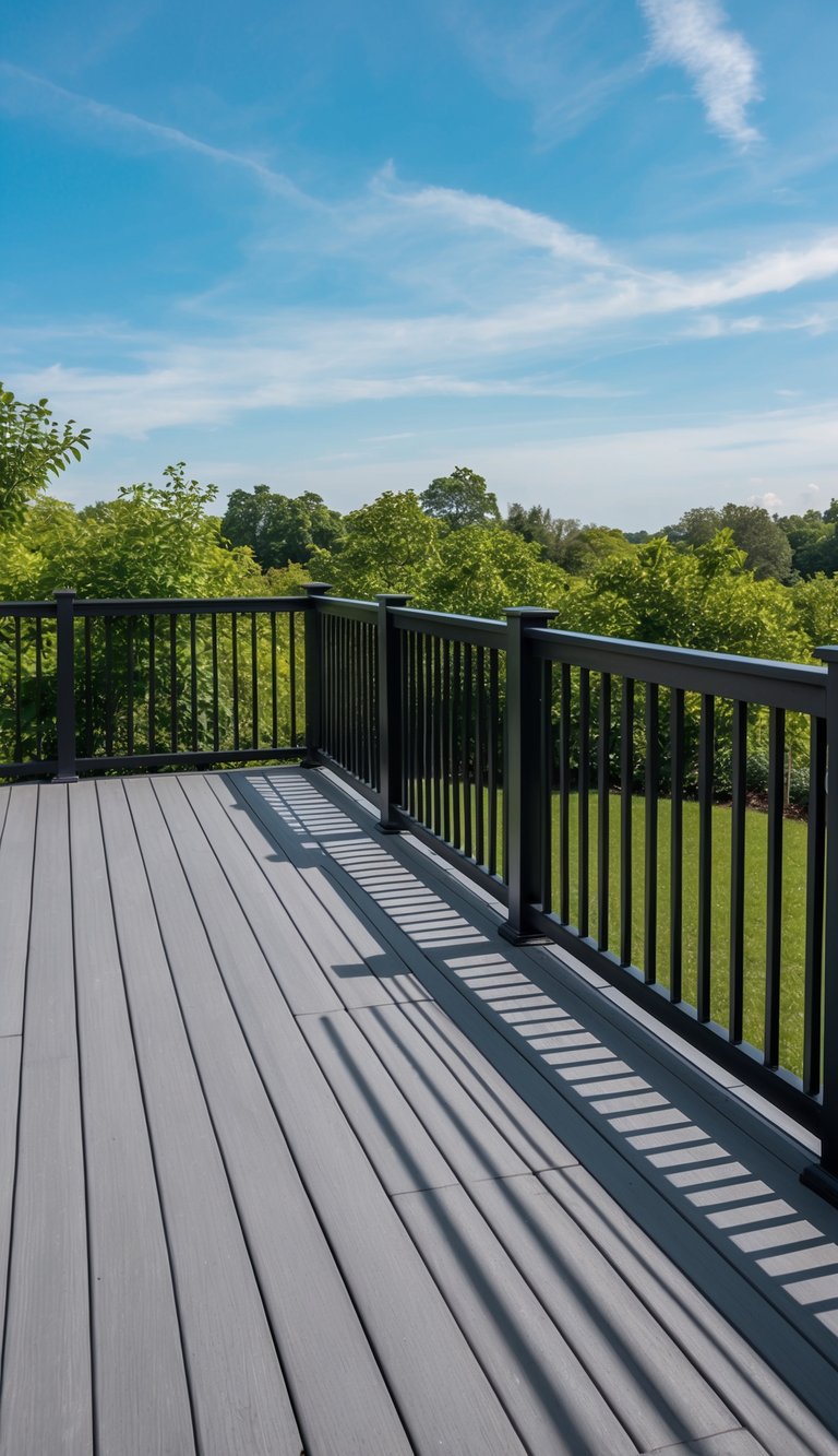 Gray composite boards with black railings in a modern deck setting, surrounded by lush greenery and under a clear blue sky