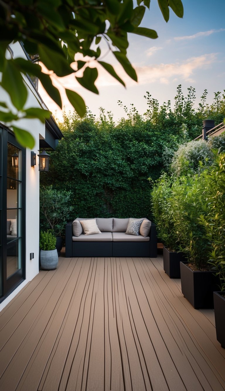 A cozy patio with warm taupe decking and sleek black accents, surrounded by lush greenery and bathed in soft evening light
