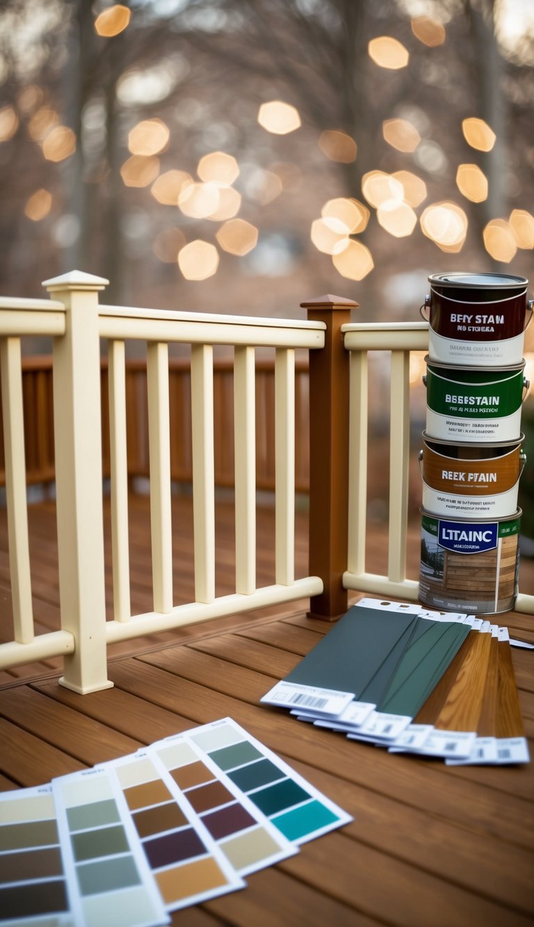 A wooden deck with honey brown and cream painted rails, surrounded by various two-tone deck stain color swatches